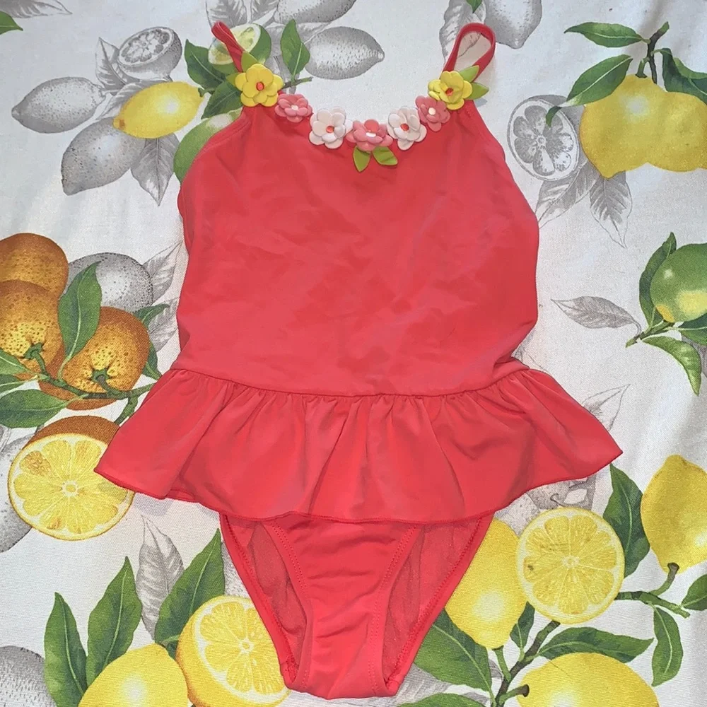 Gymboree Coral With Floral Neckline One-Piece Bathing Suit sz 9 EUC